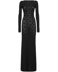 Philipp Plein - Kleedjes ,Zwart ,Polyester Lange Jurk Gebreid Monogram - Lyst