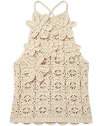Pinko - Tops ,Geel ,Bloem Appliqué Open Rug Ronde Hals Mouwloze Gehaakte Knit - Lyst