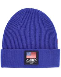 Autry - Accessoires ,Blauw ,Wol Geribbelde Wollen Beanie Met Logo - Lyst