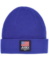 Autry - Accessoires ,Blauw ,Wol Geribbelde Wollen Beanie Met Logo - Lyst