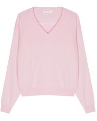 Sportmax - Jersey rosa de punto canalé con cuello en v - Lyst