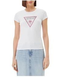Guess - Tops ,Wit ,Katoen Triangle Rhinestones T-Shirt Met Korte Mouwen - Lyst