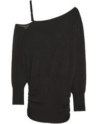 Patrizia Pepe - Jersey negro oversize con escote de un solo hombro y volante elástico de algodón - Lyst