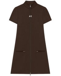 Courreges - Kleedjes ,Bruin ,Polyester Bruine Jurk Met Rits Aan De Voorkant En Zakken - Lyst