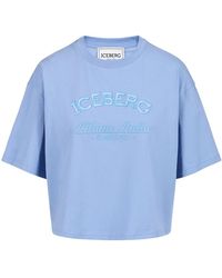 Iceberg - Poederblauwe, Boxy Fit T-Shirt Van Katoenen Jersey Met Social Club Print - Lyst