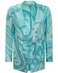 Etro - Jassen ,Blauw ,Leer Blazer Met Print Met Enkele Knoopsluiting - Lyst