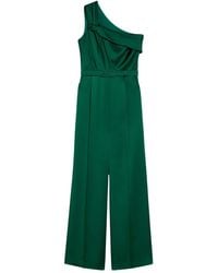 Max Mara - Jumpsuits & Playsuits ,Groen ,Satijn Groene Jumpsuit Met Één Schouder En Wijde Pijpen - Lyst