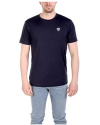 EA7 - Tops ,Blauw ,Premium Shield Viscose-Blend T-Shirt Met Ronde Hals - Lyst