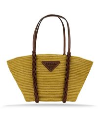 Prada - Stroh-Schultertasche Mit Lederdetails - Lyst