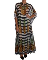 Dolce & Gabbana Silk Striped Pineapple Tuniek Toga Maxi Jurk - Blauw