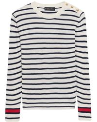 Brooks Brothers - Truien & Vesten ,Blauw ,Katoen Gestreept Tricot Met Ronde Hals En Logo Gouden Knopen - Lyst