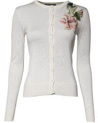 Dolce & Gabbana - Cream Floral Silk Embellished Cardigan Sweater - Lyst