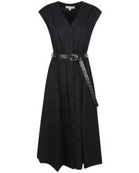 Michael Kors - Kleedjes ,Zwart ,Katoen Stretch Katoen Poplin Midi Jurk Met Riem - Lyst