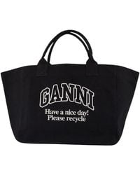 Ganni - Schwarze Baumwoll Shopper Tasche Mit Crossbody Gurt - Lyst