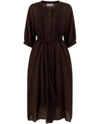 Ermanno Scervino - Kleedjes ,Bruin ,Katoen Geborduurde Midi-Jurk Met Ceintuur - Lyst