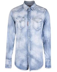 DSquared² - Blaues jeanshemd mit used-effekt und druckknöpfen - Lyst
