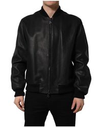 Dolce & Gabbana - Jassen ,Zwart ,Leer Leren Bikerjack Met Volledige Ritssluiting - Lyst