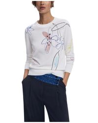 Desigual - Bloemen Lange Mouw Gebreide Trui Met Ronde Hals - Lyst