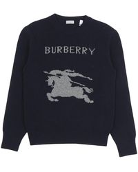 Burberry - Truien & Vesten ,Blauw ,Wol Logo Detail Crewneck Sweater - Lyst
