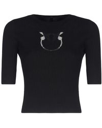 Pinko - Truien & Vesten ,Zwart ,Wol Zwarte Geribbelde Trui Love Birds Detail - Lyst