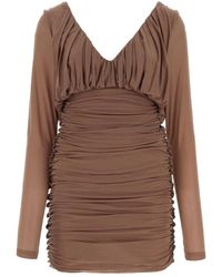 Saint Laurent - Kleedjes ,Bruin ,Jersey Mini-Jurk Met Plooiing En Lange Mouwen - Lyst