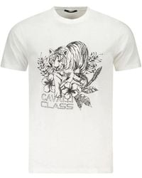 Roberto Cavalli - Tops ,Wit ,Katoen T-Shirt Met Opvallende Print En Ronde Hals - Lyst