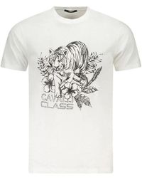 Roberto Cavalli - Tops ,Wit ,Katoen T-Shirt Met Opvallende Print En Ronde Hals - Lyst