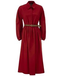 Max Mara - Kleedjes ,Rood ,Katoen Ballonmouwen Geplooide Katoenen Midi Jurk - Lyst