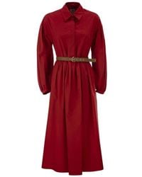 Max Mara - Kleedjes ,Rood ,Katoen Ballonmouwen Geplooide Katoenen Midi Jurk - Lyst