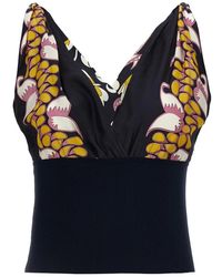 Tory Burch - Geprinte Top Van Zijde En Tricot Met V-Hals - Lyst