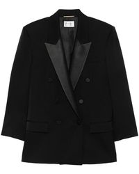 Saint Laurent - Jassen ,Zwart ,Katoen Dubbelrijige Blazer Met Piek Revers - Lyst