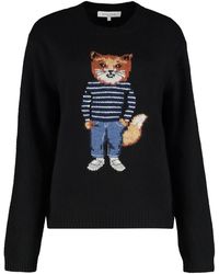 Maison Kitsuné - Truien & Vesten ,Zwart ,Wol Trui Met Ronde Hals - Lyst