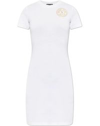 Versace Jeans Couture - Kleedjes ,Wit ,Katoen Jurk Met Gedrukt Logo - Lyst