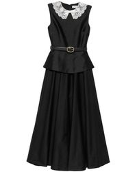 Self-Portrait - Kleedjes ,Zwart ,Leer Taffeta Peplum Midi Jurk - Lyst