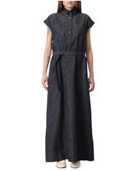 Brunello Cucinelli - Blaues Denim Hemdkleid Mit Gürtel Maxi - Lyst