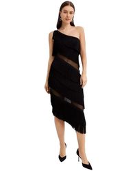 Norma Kamali - Kleedjes ,Zwart ,Polyester Asymmetrische Midi-Jurk Met Franjes - Lyst