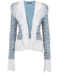 Balmain - Fringed Denim Tweed Jas - Lyst