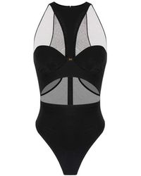 Elisabetta Franchi - Tops ,Zwart ,Tule Jersey Bodysuit Met Tule Uitsparing - Lyst