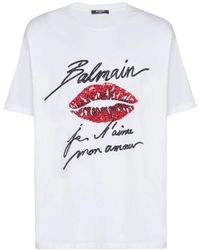 Balmain - Tops ,Wit ,Katoen Geborduurd T-Shirt Met 'Love Letter' En Lippen - Lyst