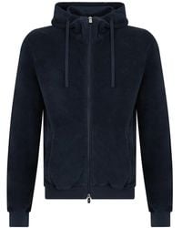 Fedeli - Hoodies & Sweatvesten ,Blauw ,Katoen Hoodie Met Rits En Donkerblauwe Capuchon - Lyst