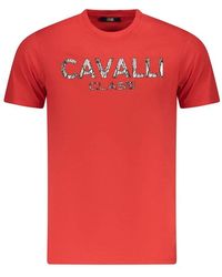 Roberto Cavalli - Tops ,Rood ,Denim T-Shirt Met Opvallende Print - Lyst