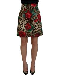 Dolce & Gabbana - Gonna mini in cotone marrone con stampa leopardo e rose - Lyst