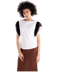 Akep - Tops ,Wit ,Katoen T-Shirt Met Franjes Aan De Mouwen - Lyst