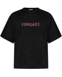 Versace - Tops ,Zwart ,Katoen T-Shirt Van Katoenjersey Met Geborduurd Logo, Regular Fit - Lyst
