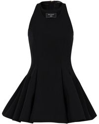 Balmain - Kleedjes ,Zwart ,Wol Wijd Uitlopend Geplooide Grain De Poudre Jurk - Lyst