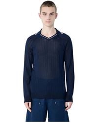 Wales Bonner - Truien & Vesten ,Blauw ,Nylon Voetbal-Geïnspireerde Polo Shirt Met Streep Trim - Lyst