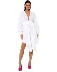 Alexandre Vauthier - Kleedjes ,Wit ,Katoen Midi-Jurk Met Lange Mouwen En Gedrapeerd Detail - Lyst