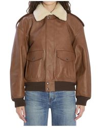Saint Laurent - Leder-Bomberjacke Mit Shearling-Kragen - Lyst