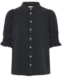 Ichi - Schwarze Gewaschene Bluse Mit Puffärmeln - Lyst