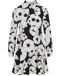 Celine - Zwarte Wol Bloemen Mini Jurk - Lyst